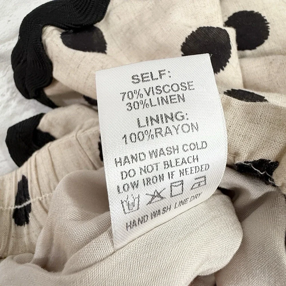 Aaron & Amber Linen Blend Shorts Khaki Black Polkadot Scalloped Hem Flowy Boho S